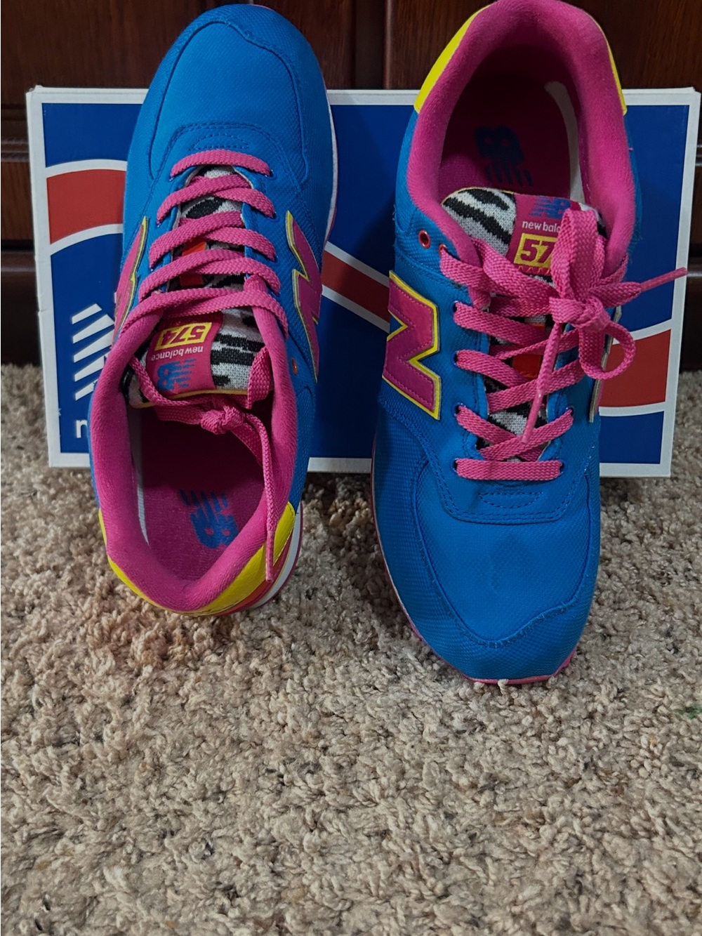 New Balance Adult Blue Sneakers with Pink, Yellow & Orange Accents - Picture 2 of 3
